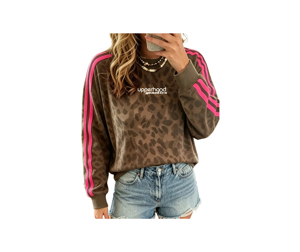 Ladies Leopard Print Striped Relaxed Crewneck - Ladies (Platt)