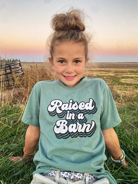 Raised in a Barn Cypress Green Tee - Adult & Youth (More Barns)